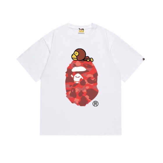 White BAPE T-Shirt with Red Camo Ape Head and Baby Milo Print